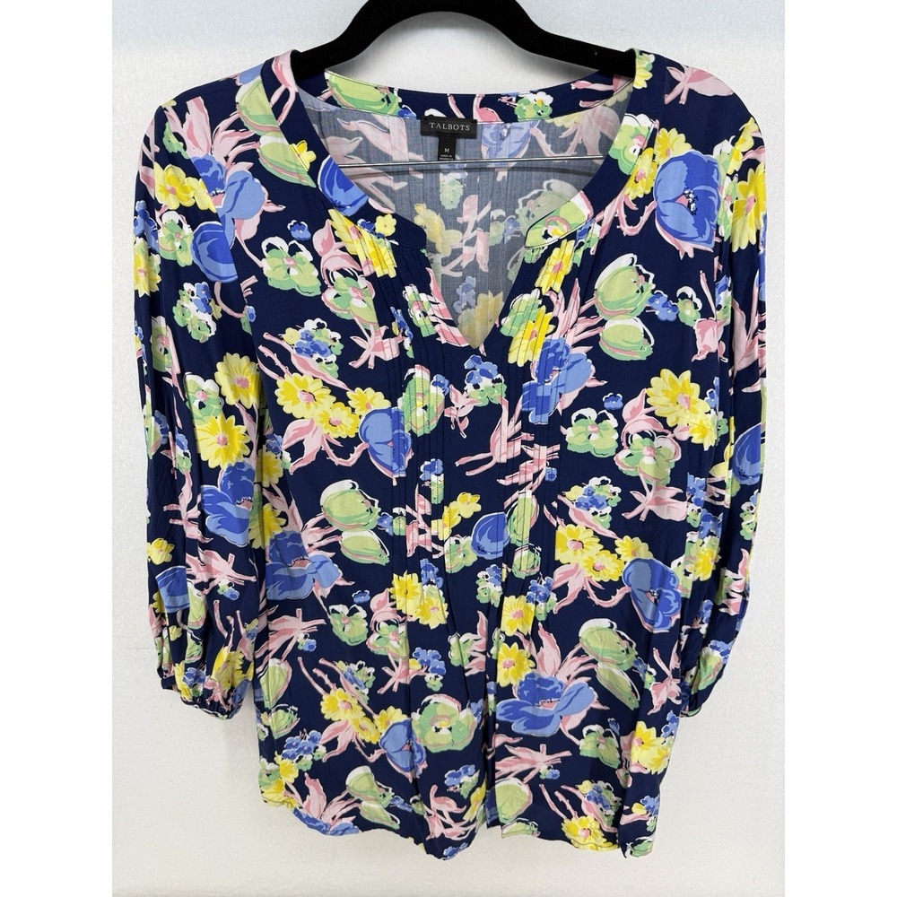NWOT Talbots Floral Split Neck Pintuck Blouse 3/4 Poet Sleeve Size Medium